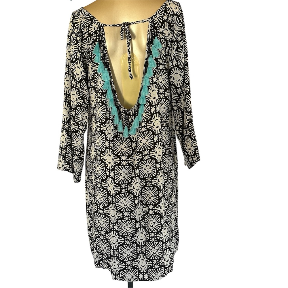 Boho Tassel Back Tunic Dress Beach Cover Up Black White Resort Rayon Size S